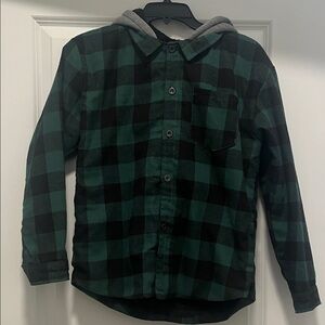 Plaid Green and Black Kids Button Down Shirt with Hood